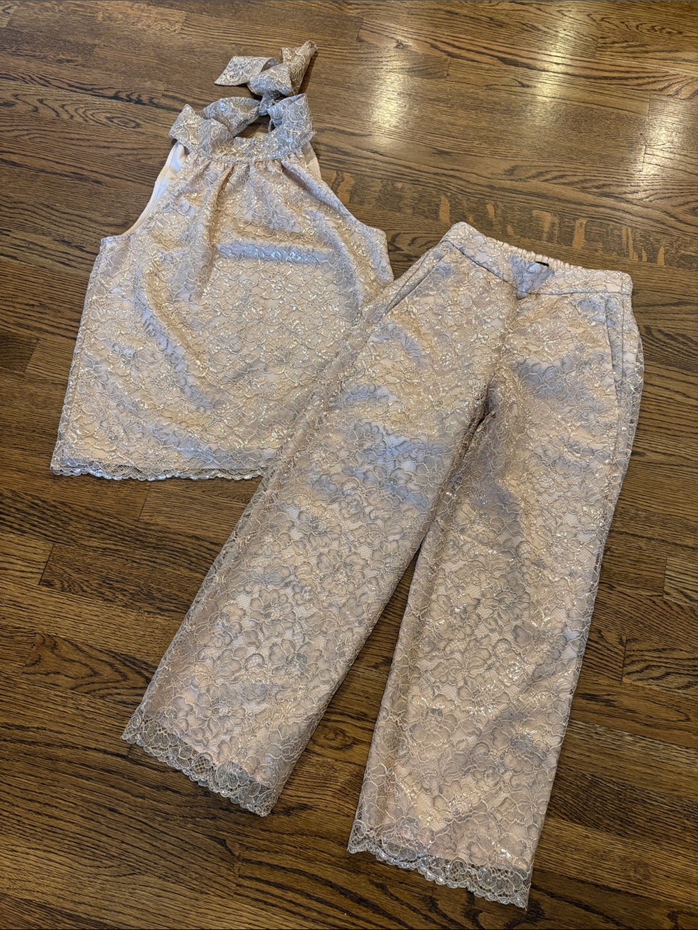 J. Crew Women's Lace Halter Top (xs) & Cropped Pants (0P) Set - Blush, gold,
